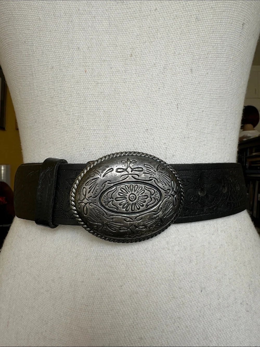 Western Tooled Black Leather Belt with Removable Oval Silver-tone Buckle 34